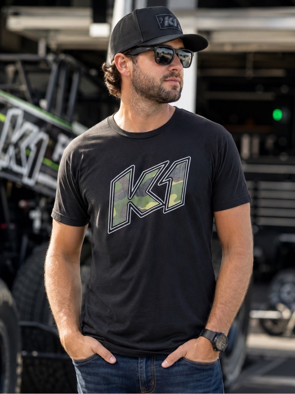 K1 Racing Black Graphic T-Shirt Men’s XL Camo Logo 50/50 Cotton Poly Casual Tee